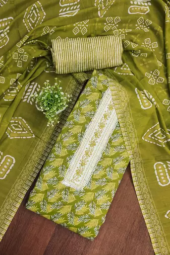 Green printed cotton semi stitched churidar dress-materials