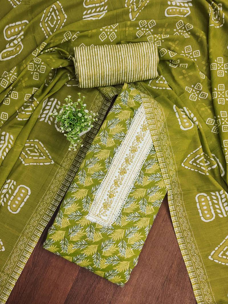 Green printed cotton semi stitched churidar dress-materials