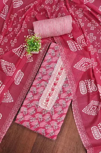 Pink printed cotton semi stitched churidar dress-materials