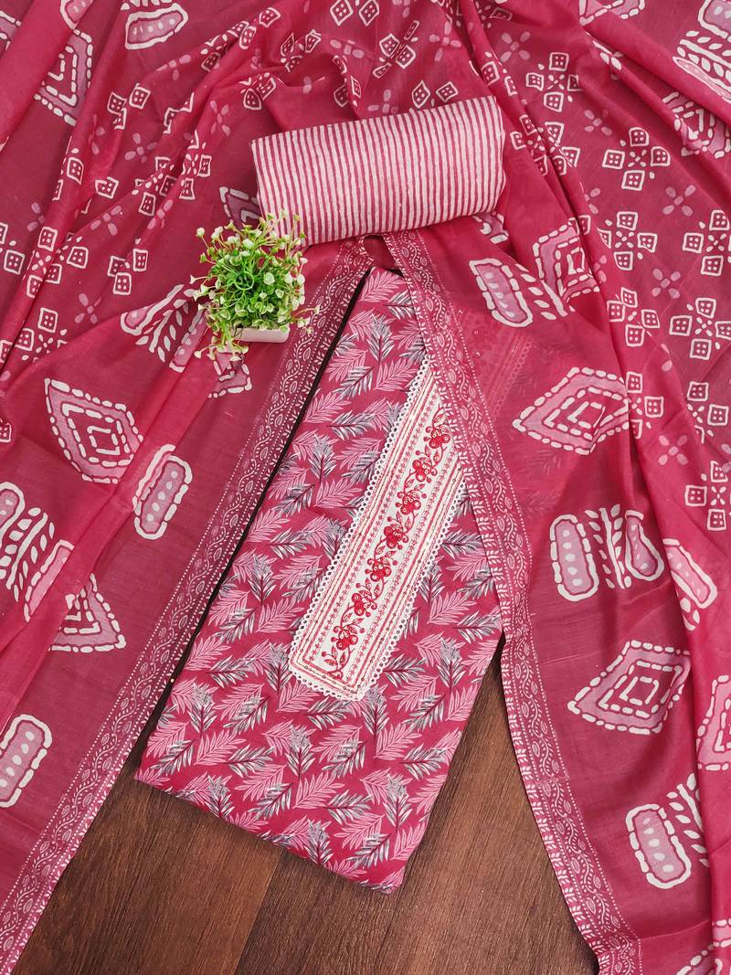 Pink printed cotton semi stitched churidar dress-materials
