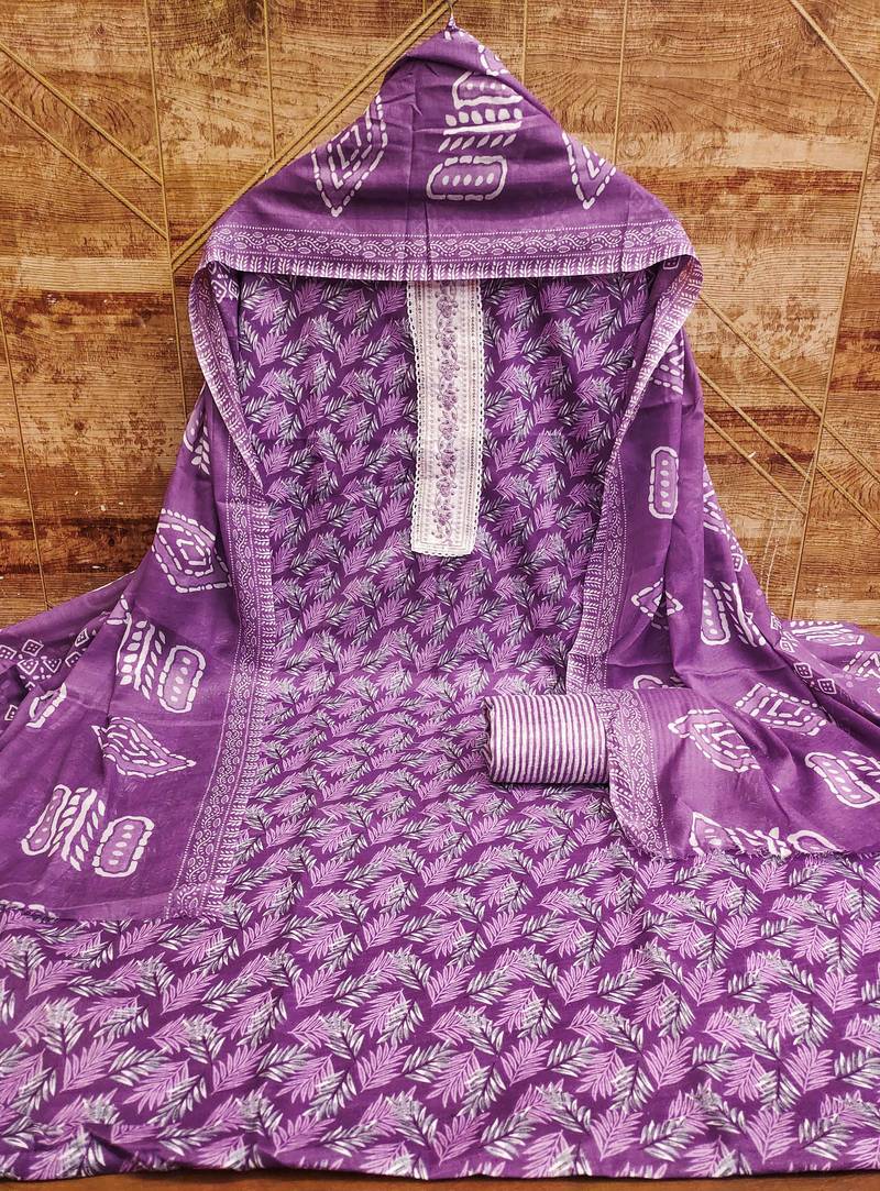 Purple printed cotton semi stitched churidar dress-materials