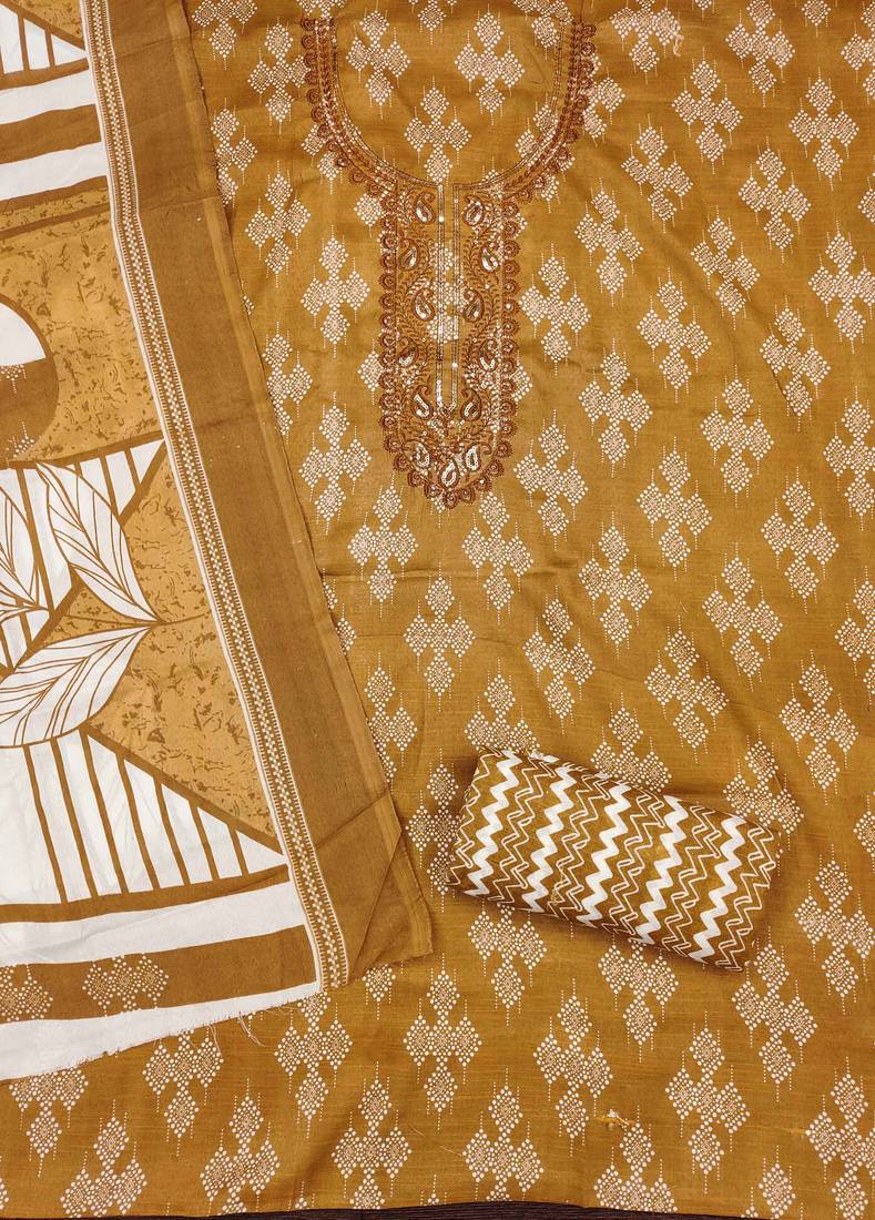 Beige printed cotton semi stitched churidar dress-materials