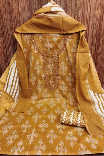 Beige printed cotton churidar dress-materials