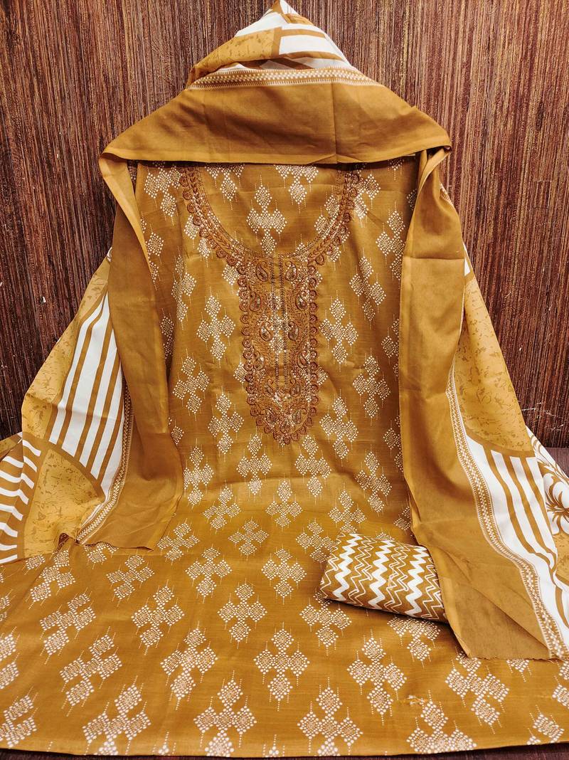 Beige printed cotton semi stitched churidar dress-materials