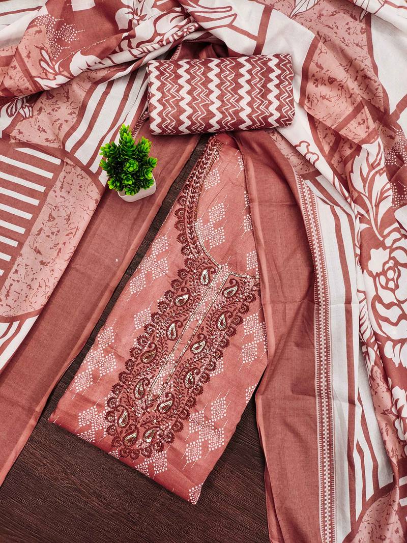 Peach printed cotton semi stitched churidar dress-materials