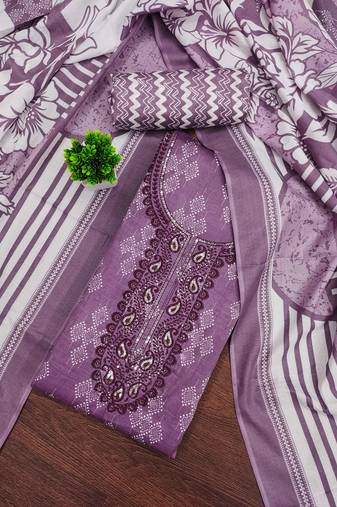Purple printed cotton semi stitched churidar dress-materials