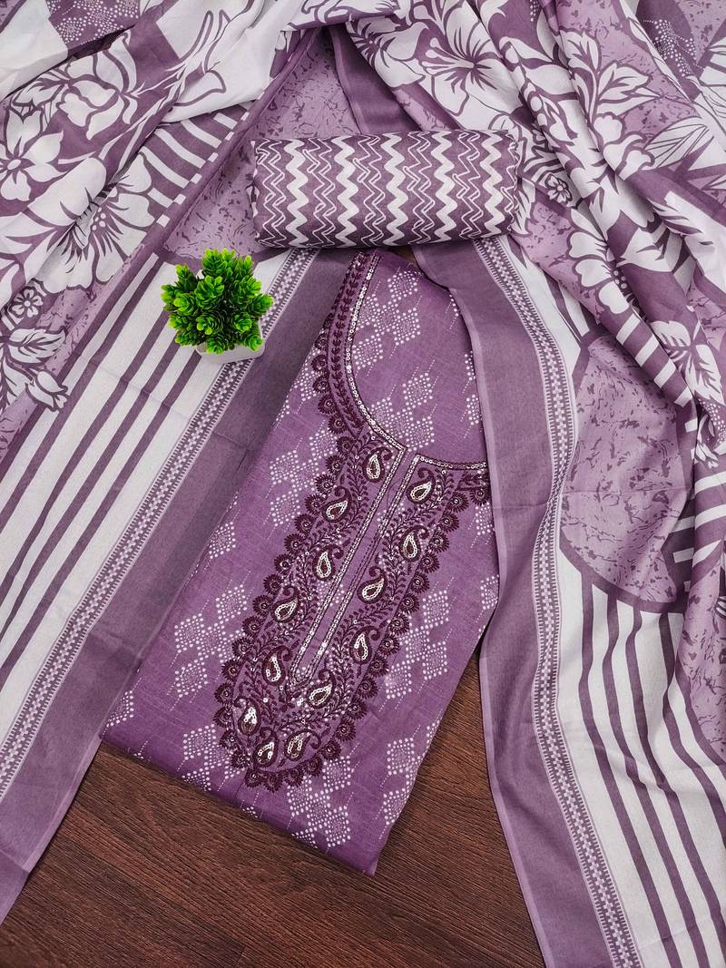Purple printed cotton semi stitched churidar dress-materials
