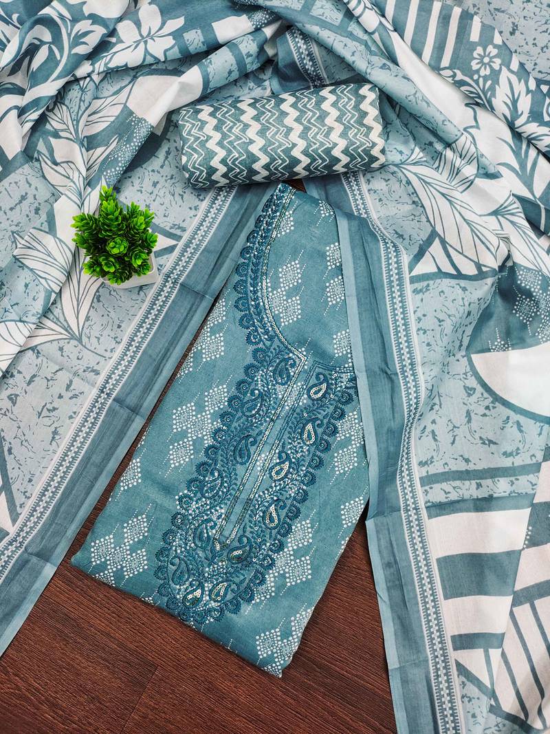Sea-green printed cotton semi stitched churidar dress-materials
