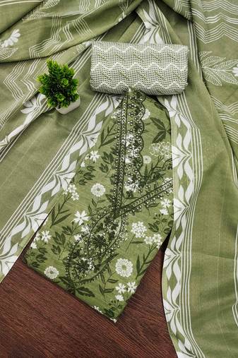 Green printed cotton semi stitched churidar dress-materials