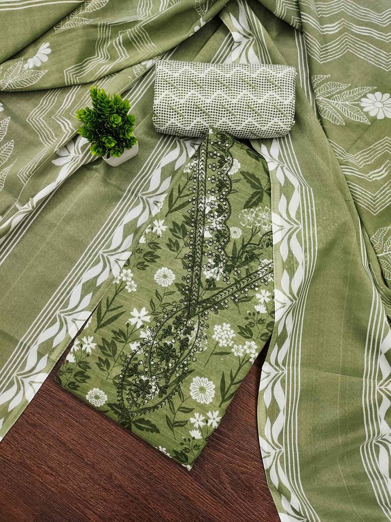 Green printed cotton semi stitched churidar dress-materials