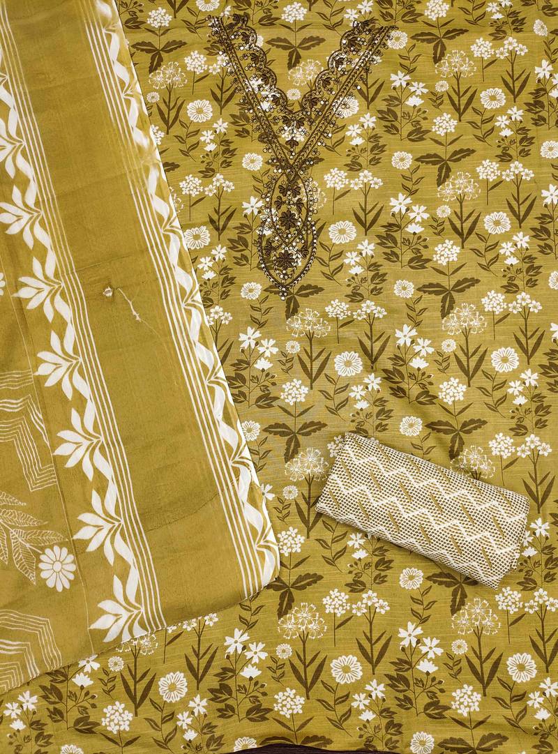 Mehendi printed cotton semi stitched churidar dress-materials