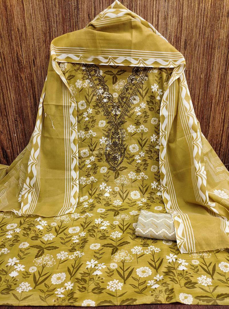 Mehendi printed cotton semi stitched churidar dress-materials