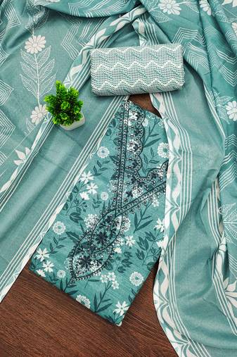 Sea-green printed cotton semi stitched churidar dress-materials