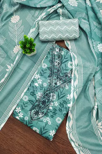 Sea-green printed cotton semi stitched churidar dress-materials