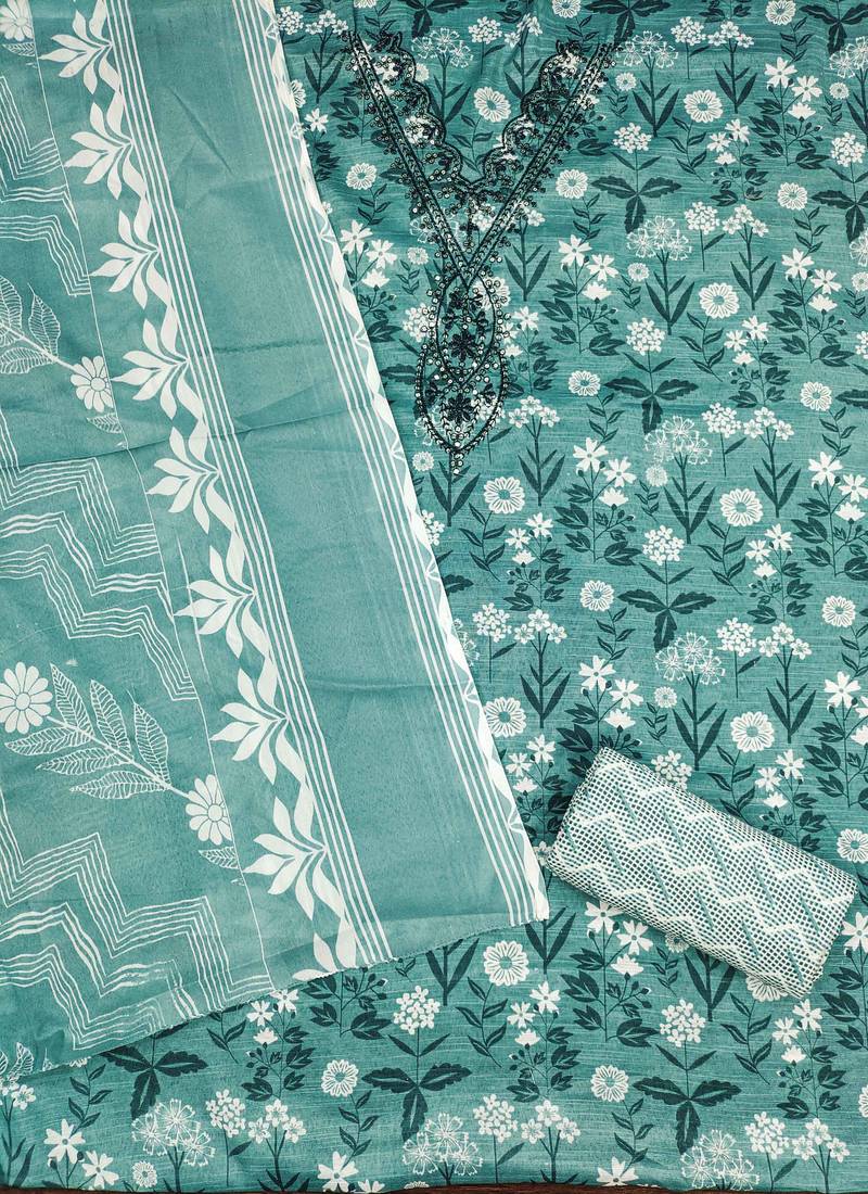 Sea-green printed cotton semi stitched churidar dress-materials