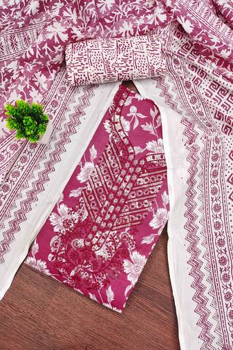 Magenta printed cotton semi stitched churidar dress-materials