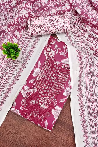 Magenta printed cotton semi stitched churidar dress-materials