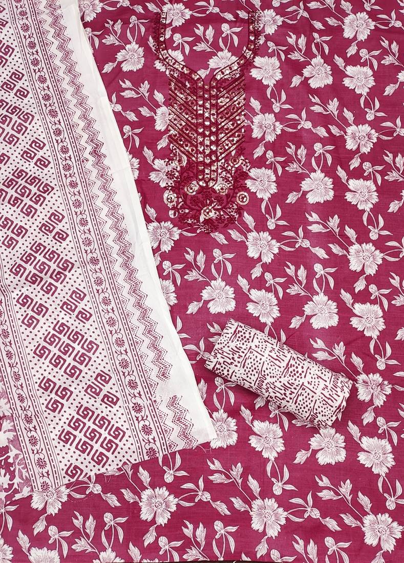 Magenta printed cotton semi stitched churidar dress-materials