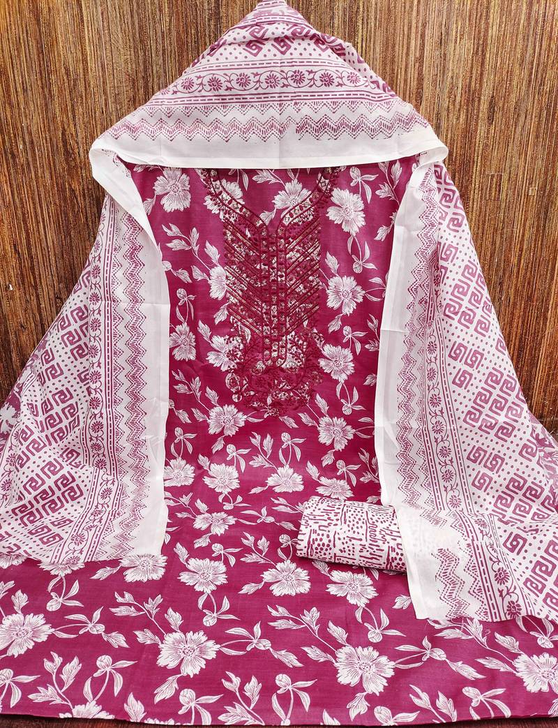 Magenta printed cotton semi stitched churidar dress-materials