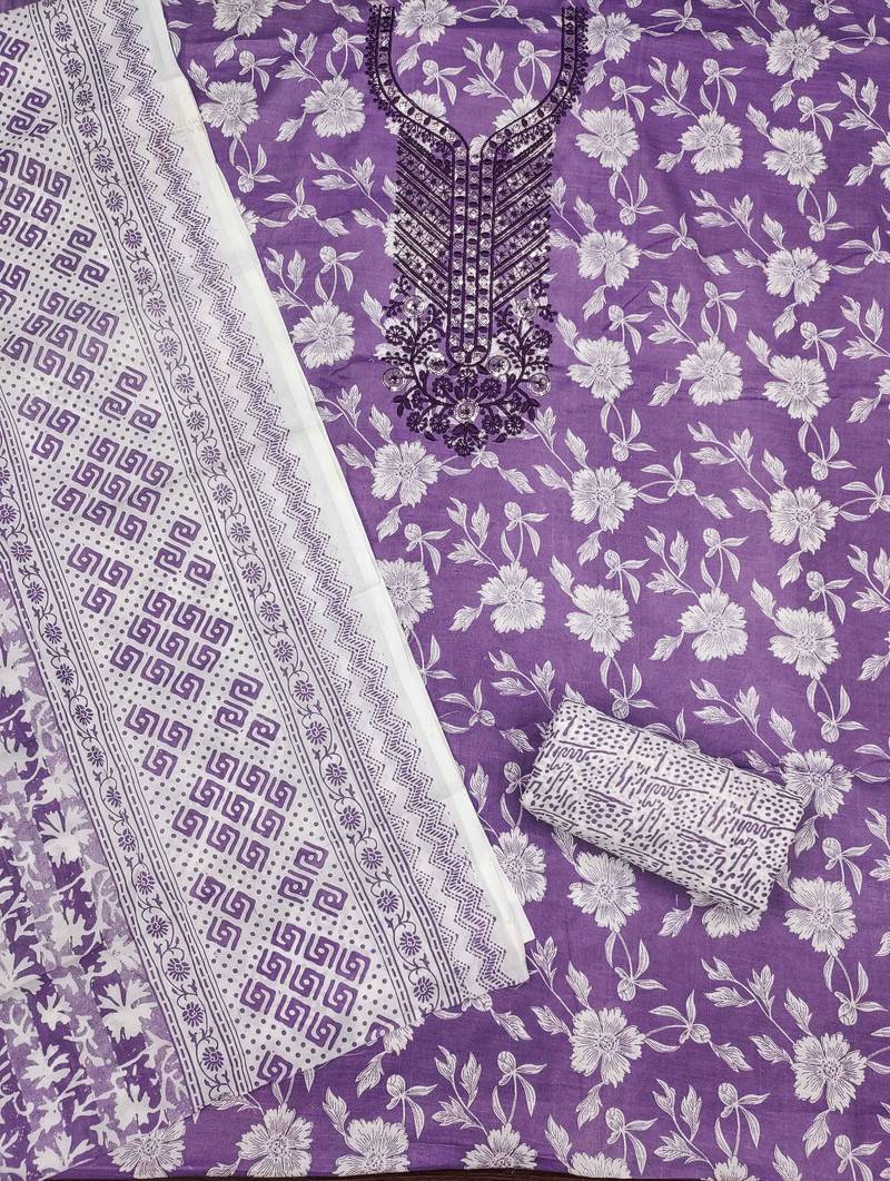 Purple printed cotton semi stitched churidar dress-materials
