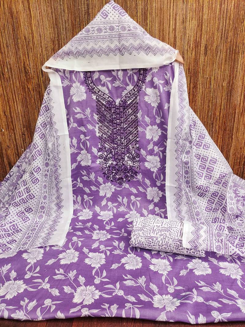 Purple printed cotton semi stitched churidar dress-materials