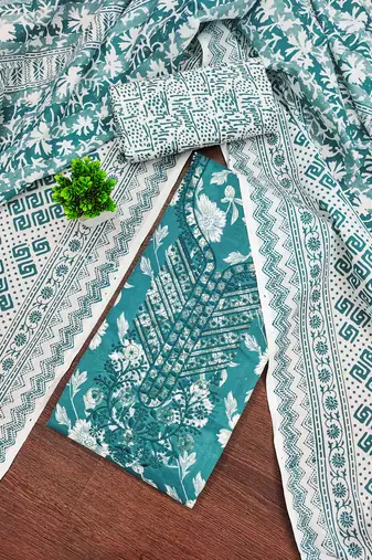 Sea-green printed cotton semi stitched churidar dress-materials
