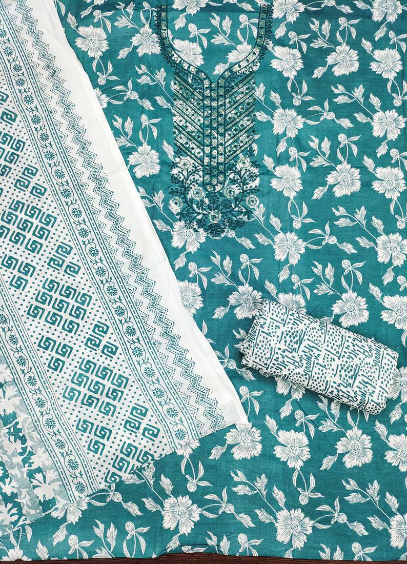 Sea-green printed cotton semi stitched churidar dress-materials