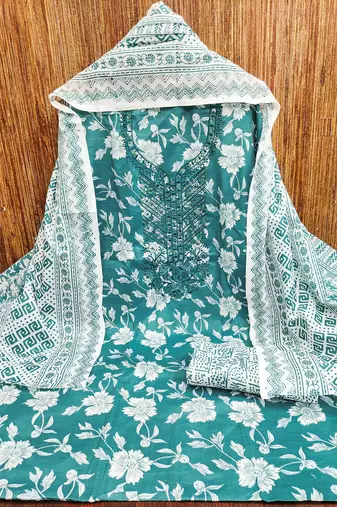 Sea-green printed cotton churidar dress-materials