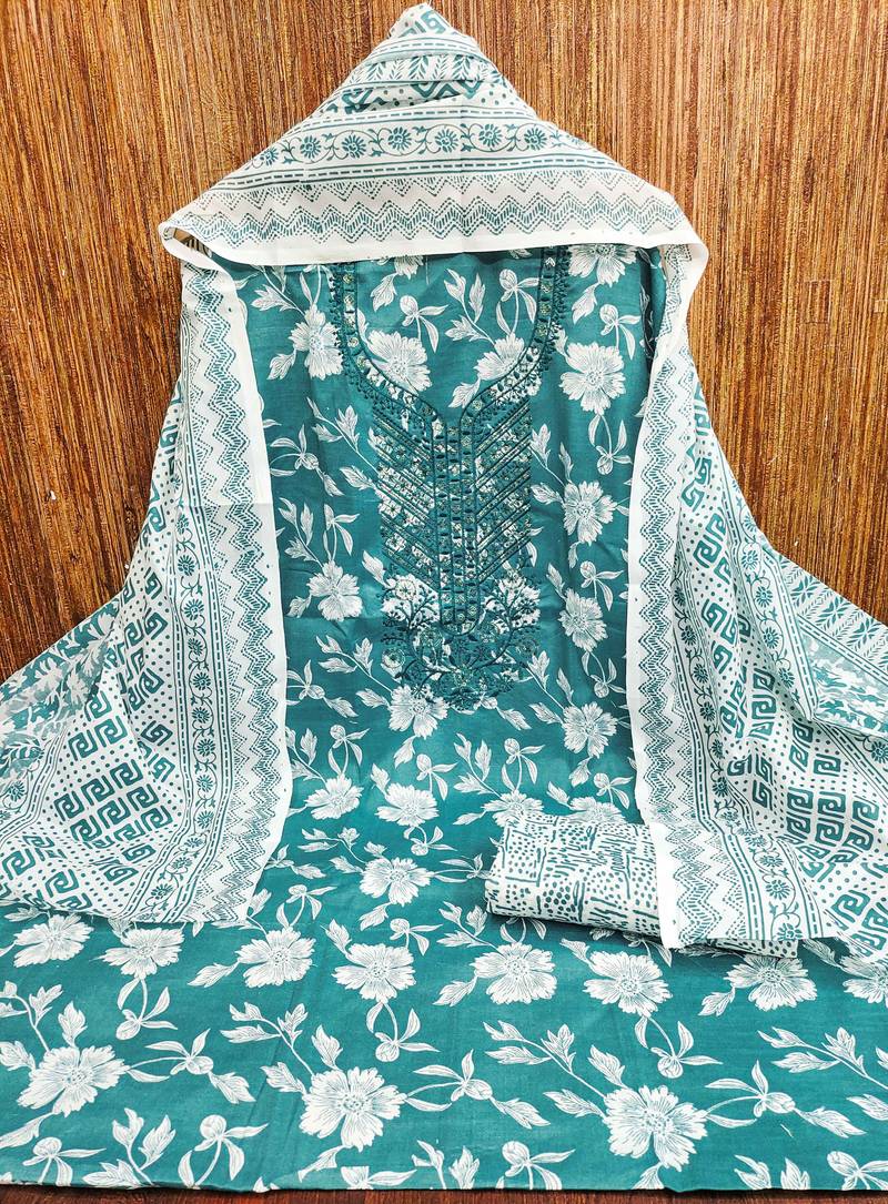 Sea-green printed cotton semi stitched churidar dress-materials