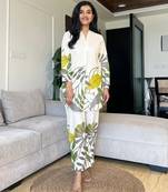 Off White Leaf Printed Cotton Flex Kurta Set