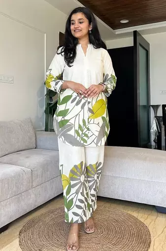 Off White Leaf Printed Cotton Flex Kurta Set
