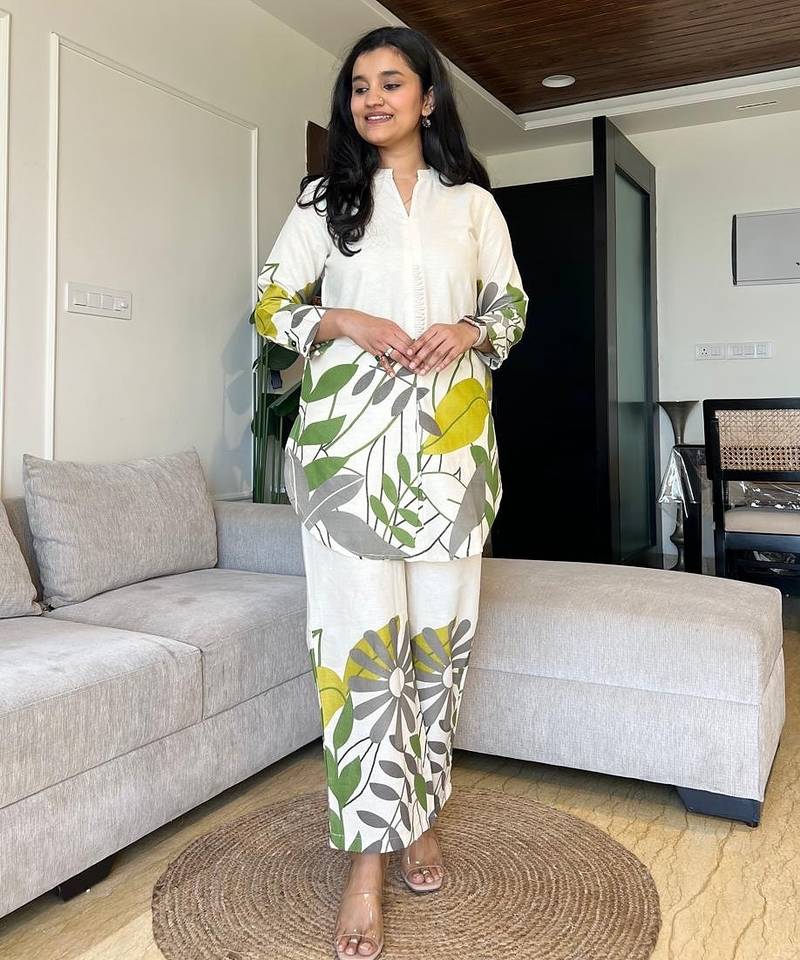 Off White Leaf Printed Cotton Flex Kurta Set