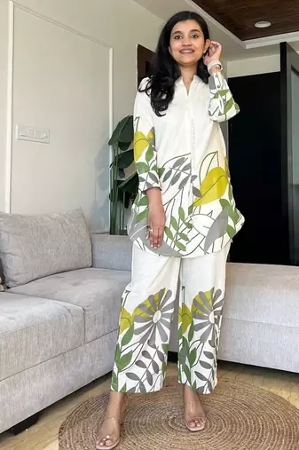 Off White Leaf Printed Cotton Flex Kurta Set