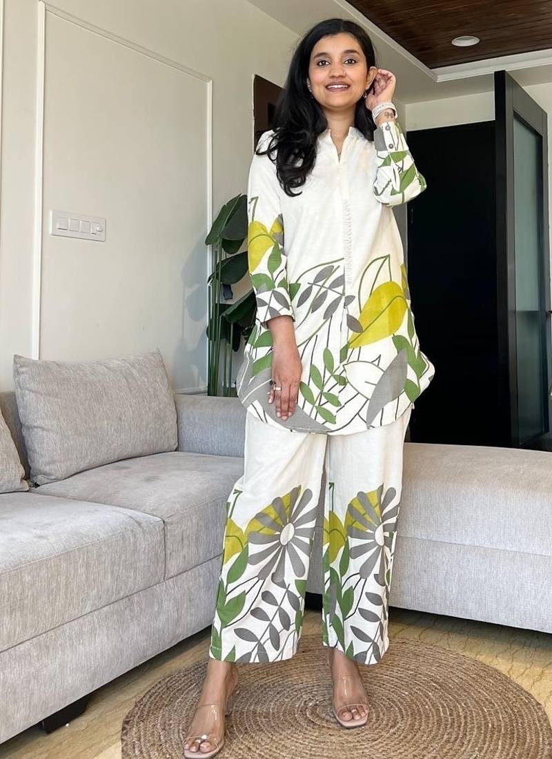 Off White Leaf Printed Cotton Flex Kurta Set