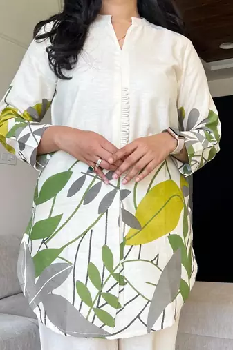 Off White Leaf Printed Cotton Flex Kurta Set