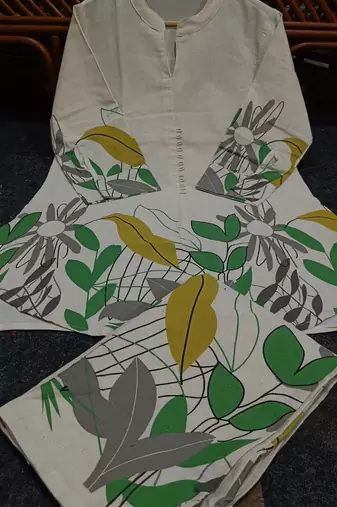 Off White Leaf Printed Cotton Flex Kurta Set
