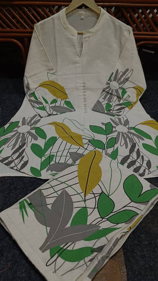 Off White Leaf Printed Cotton Flex Kurta Set