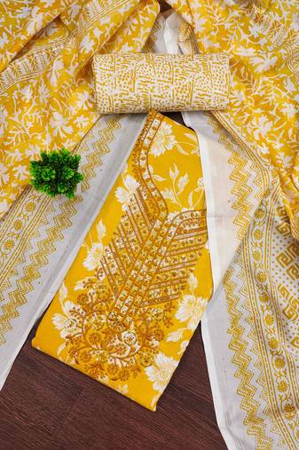 Yellow printed cotton semi stitched churidar dress-materials