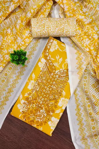 Yellow printed cotton semi stitched churidar dress-materials