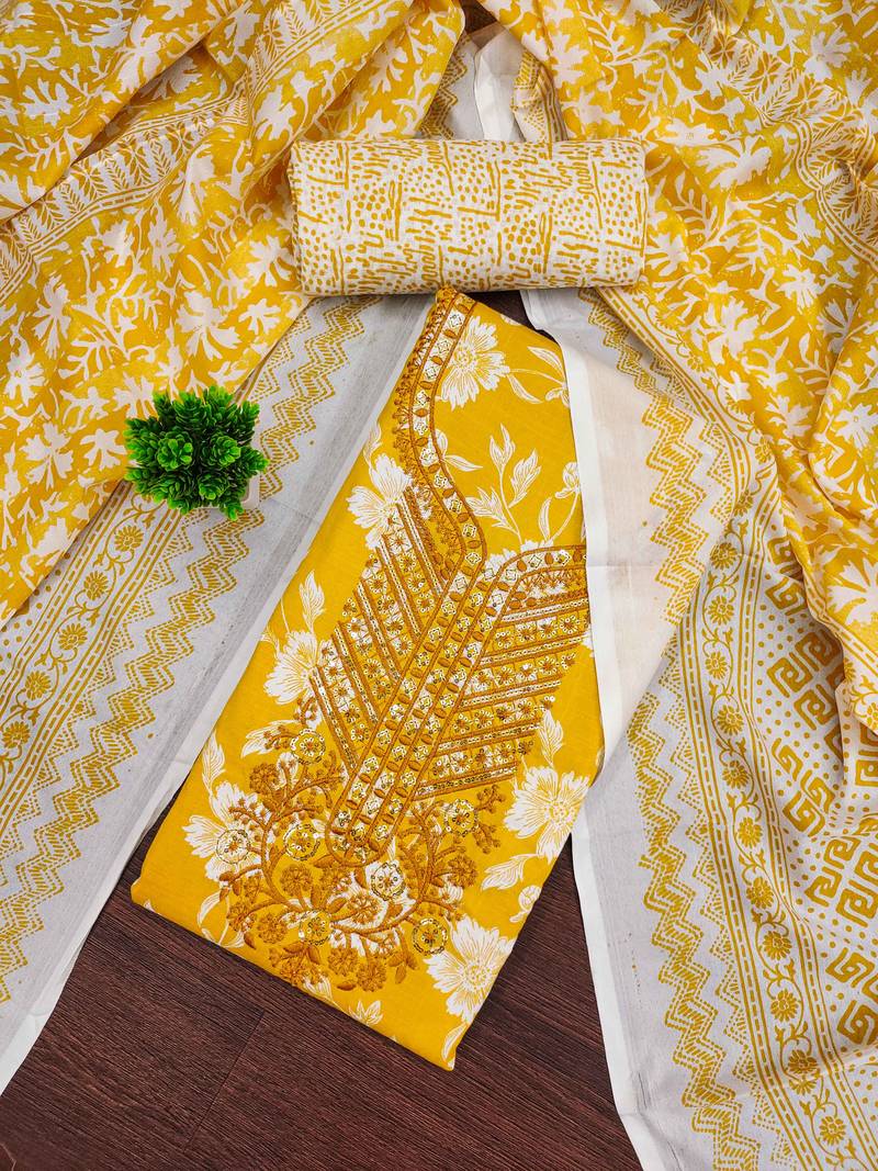 Yellow printed cotton semi stitched churidar dress-materials