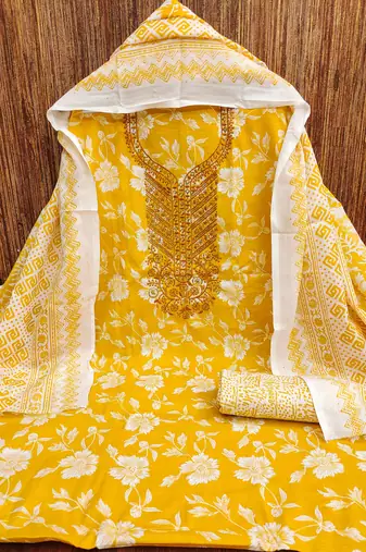 Yellow printed cotton churidar dress-materials