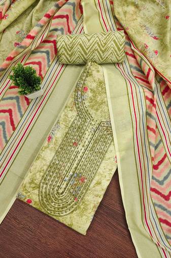 Green printed cotton semi stitched churidar dress-materials