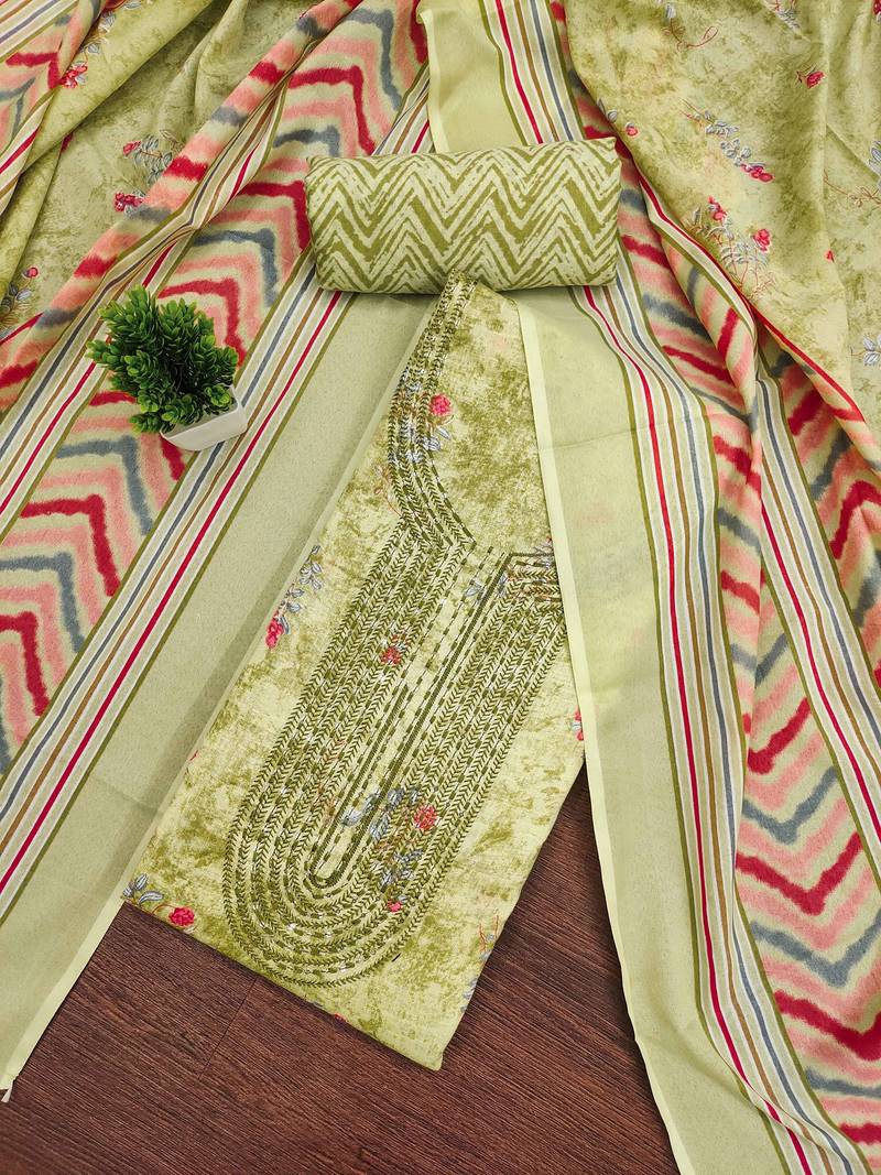 Green printed cotton semi stitched churidar dress-materials