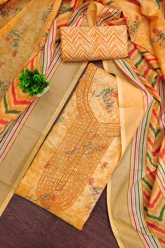 Peach printed cotton semi stitched churidar dress-materials