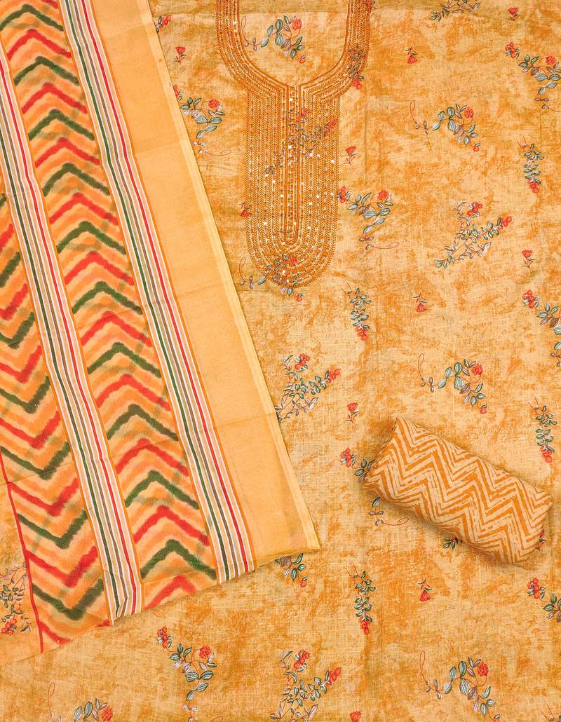 Peach printed cotton semi stitched churidar dress-materials