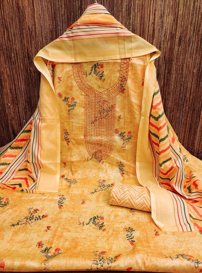 Peach printed cotton semi stitched churidar dress-materials