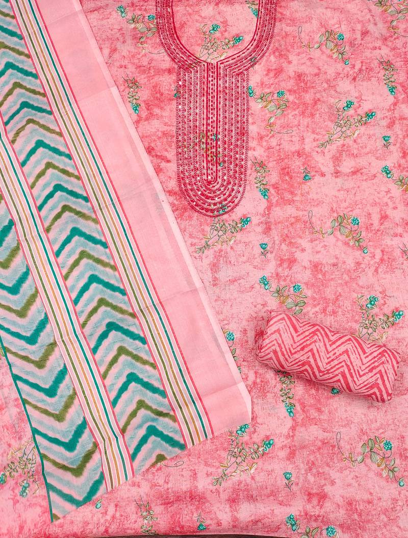 Pink printed cotton semi stitched churidar dress-materials
