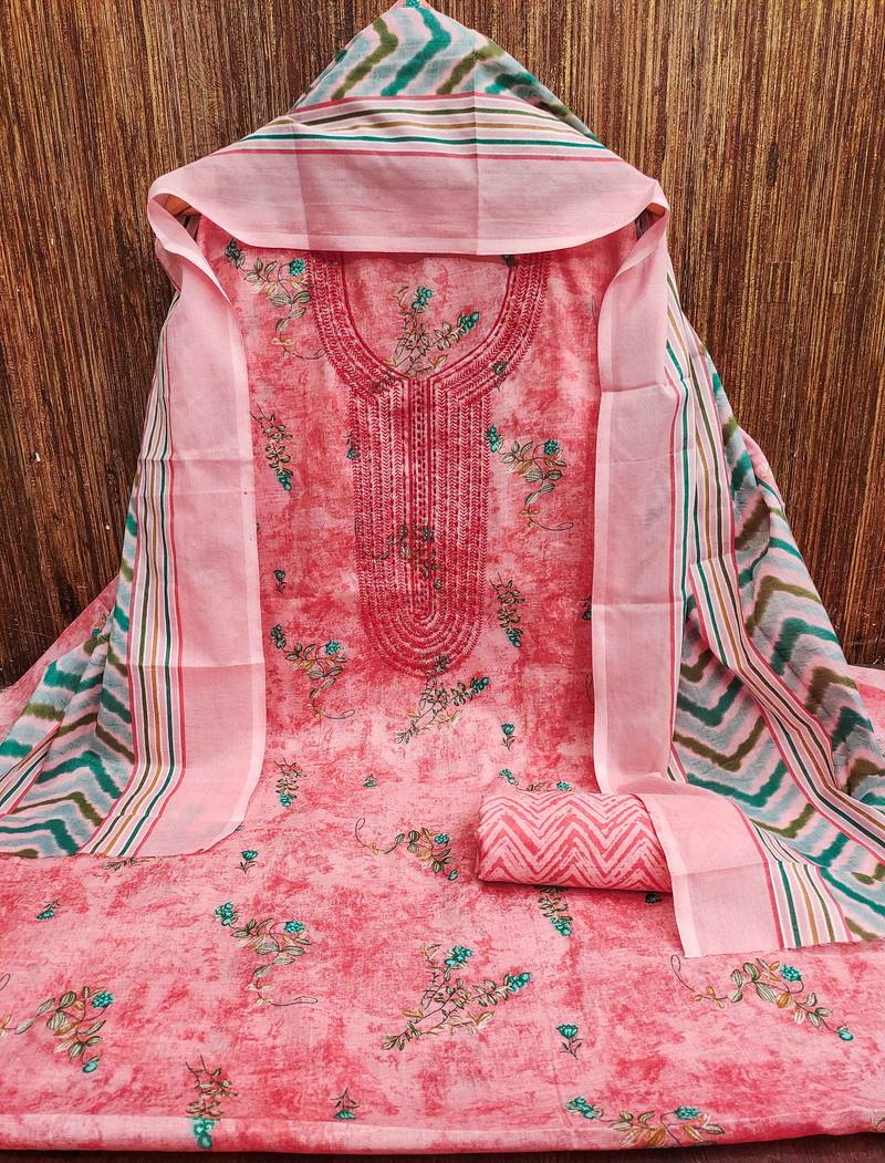 Pink printed cotton semi stitched churidar dress-materials