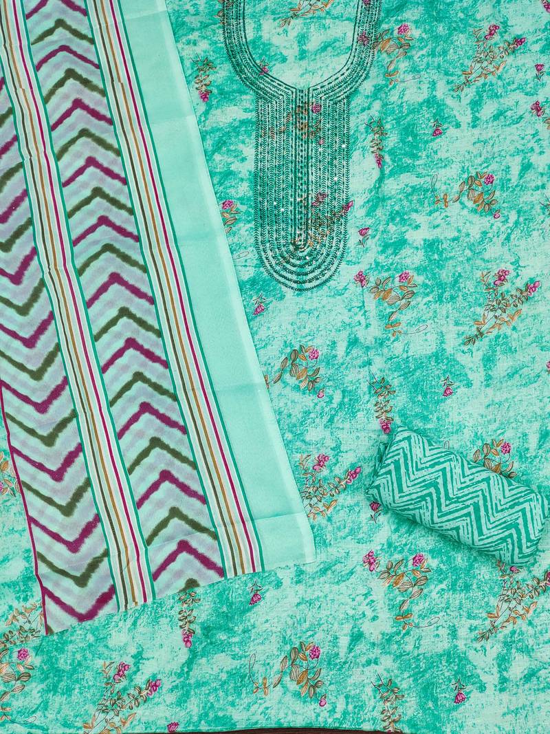 Sea-green printed cotton semi stitched churidar dress-materials