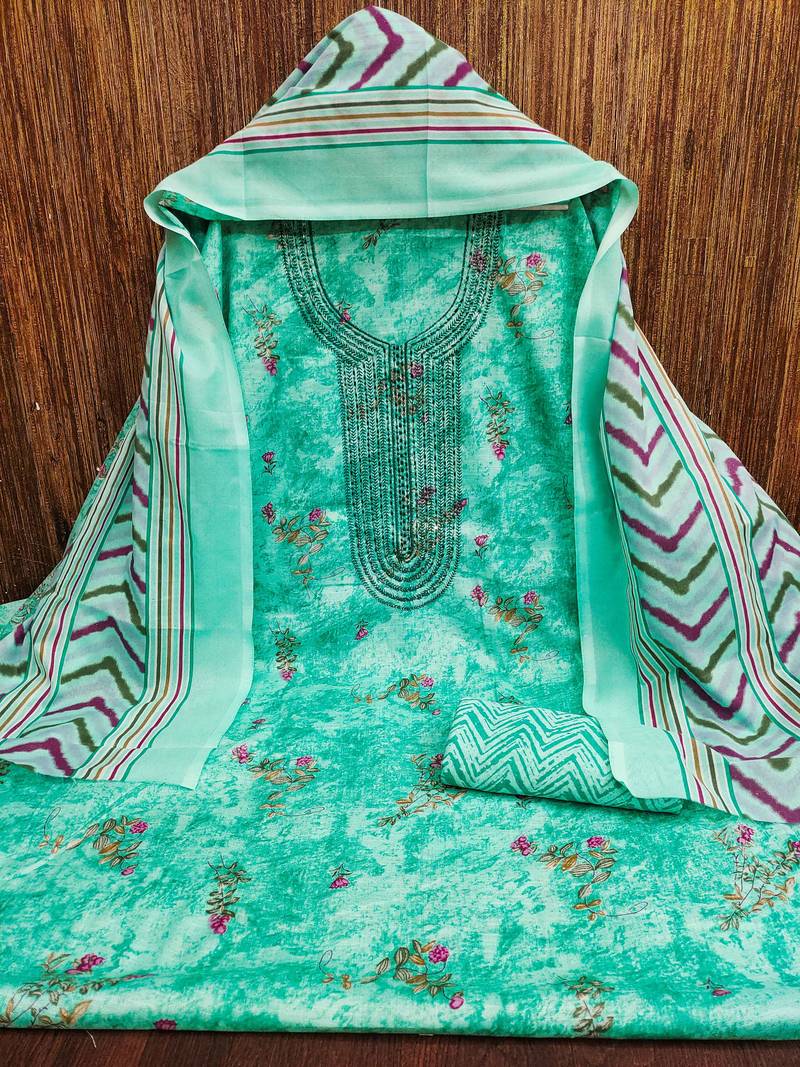 Sea-green printed cotton semi stitched churidar dress-materials